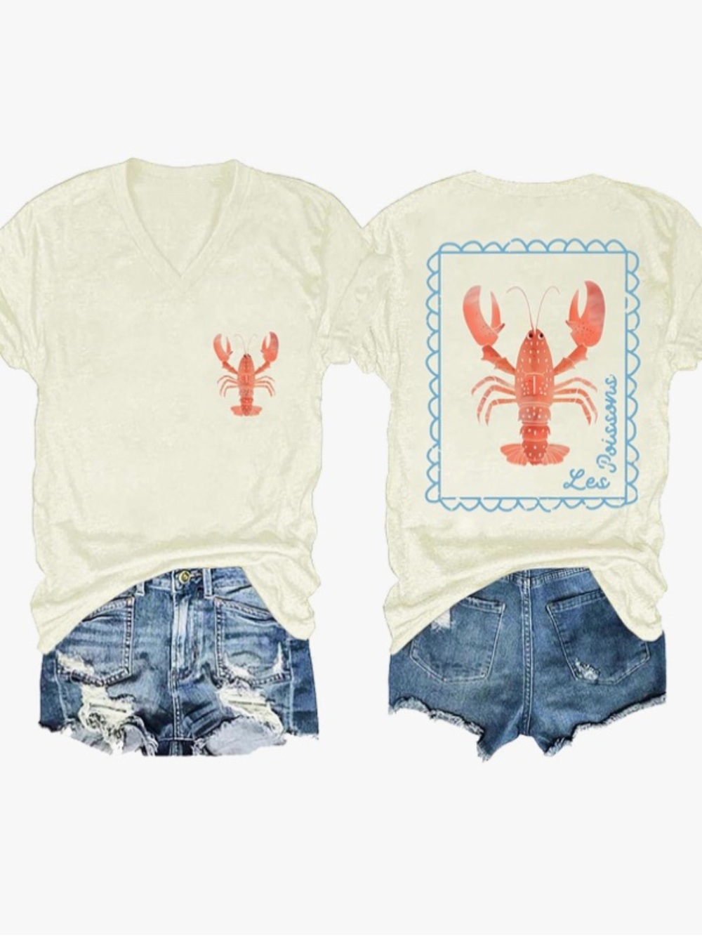 Lobster Graphic V-Neck Tee - Cream with Coral & Light Blue